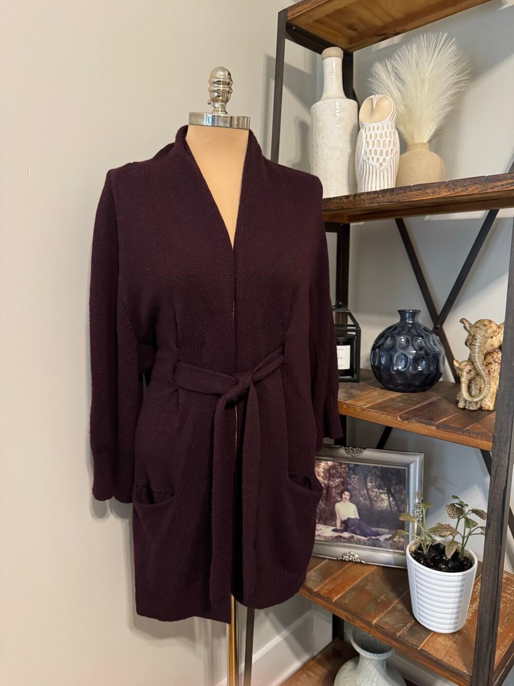 Vince Wool Blend Maroon Wine Belted Wrap Cardigan Women’s SIZE LRG